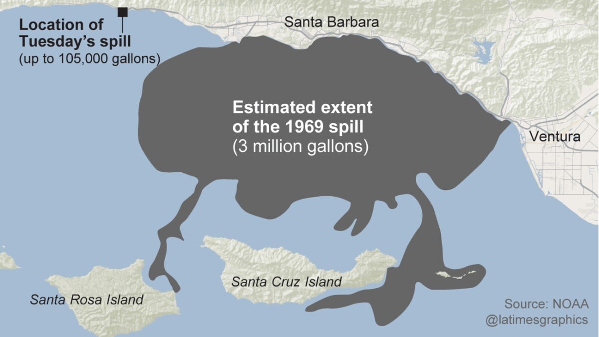 Veľkosť ropnej škvrny, ktorá vznikla v roku 1969 pri pobreží Kalifornie. 