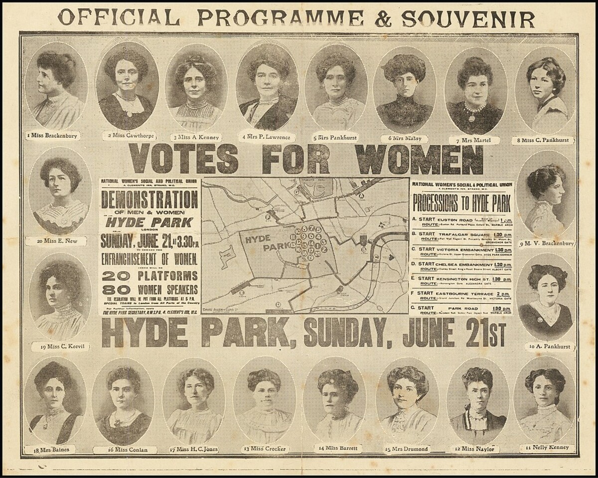 Oficiální program shromáždění 21. června 1908 v Hyde Parku.