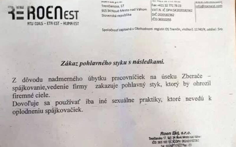 Slovenská firma údajne zakázala zamestnancom pohlavný styk. Všetky ostatné sexuálne praktiky sú však údajne povolené. Vedenie sa týmto chce vyhnúť nadbytočnej gravidite svojich zamestnankýň.