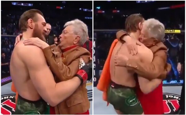 Conor McGregor dojal divákov. Po zápase sa objal s babičkou Cowboya a povedal jej, že vychovala skvelého človeka