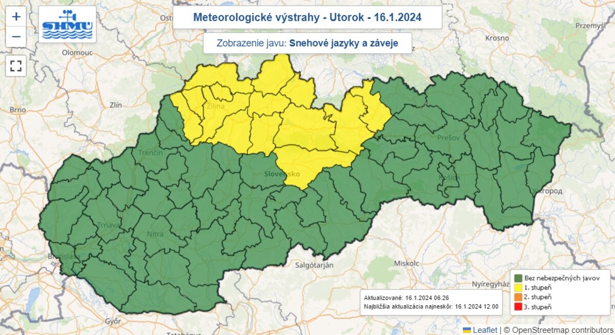 Výstrahy pred snehovými jazykmi a závejmi.