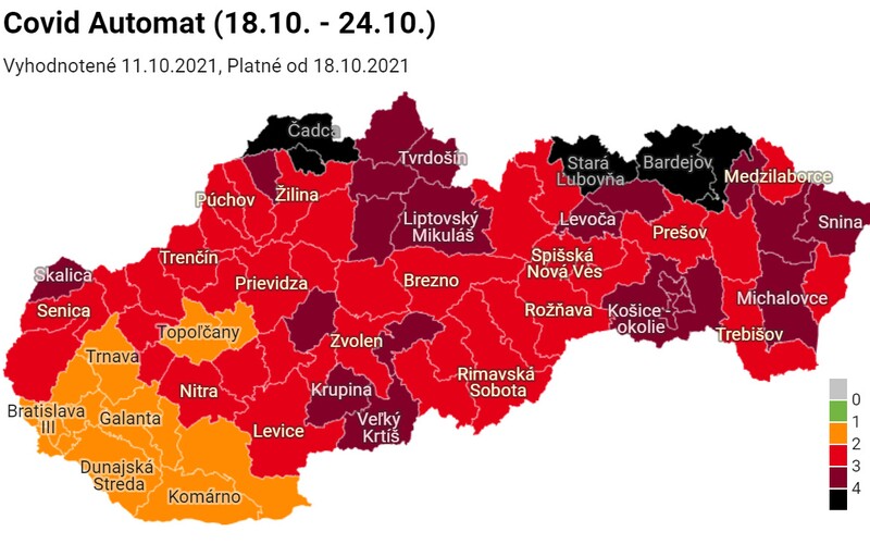 Covid automat: Slovensko má už 5 čiernych okresov. Očkovaní sa tam nedostanú do reštaurácie ani do fitnescentra.