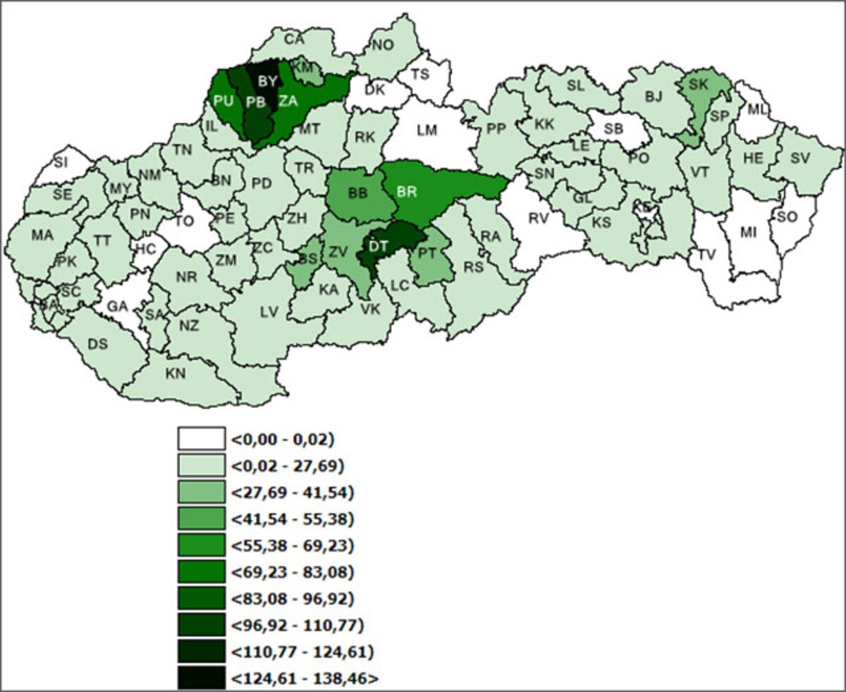 Graf: Výskyt kliešťovej encefalitídy v SR podľa okresov od 1. 1. 2017 do 31. 12. 2021.