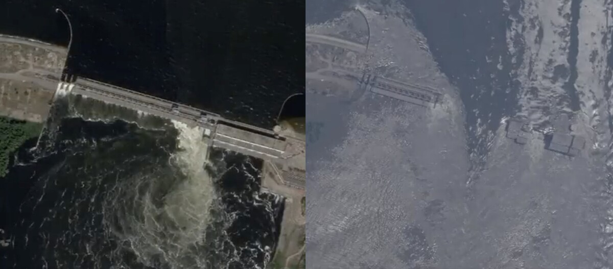 Satelitní snímek Kachovské přehrady před a po útoku.