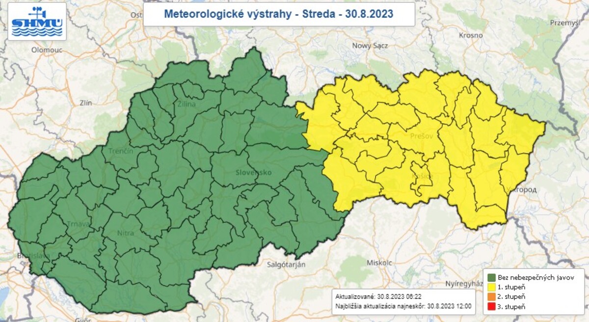 Mapa výstrah na stredu 30. augusta 2023.