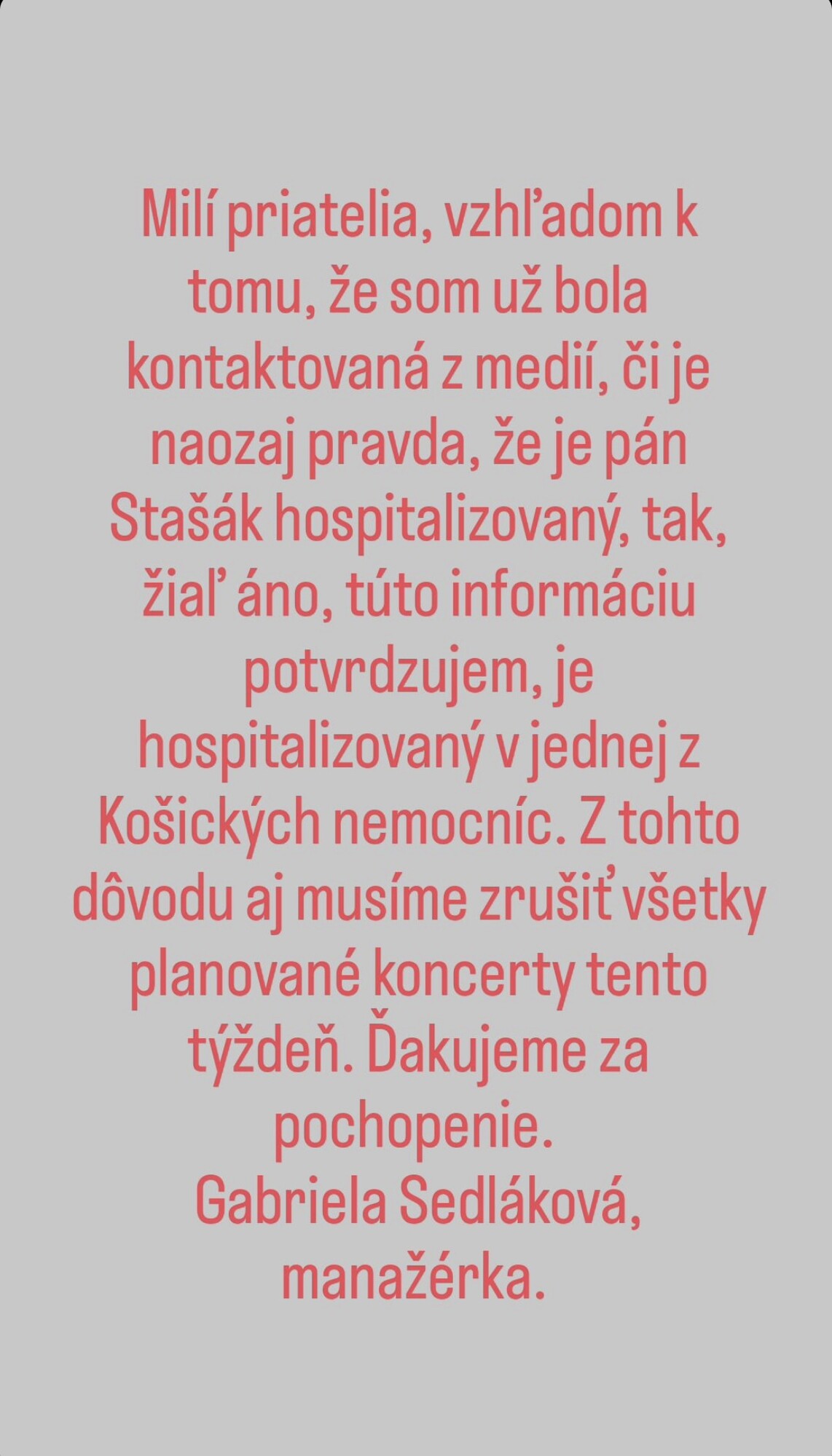 Peter Stašák, hospitalizácia