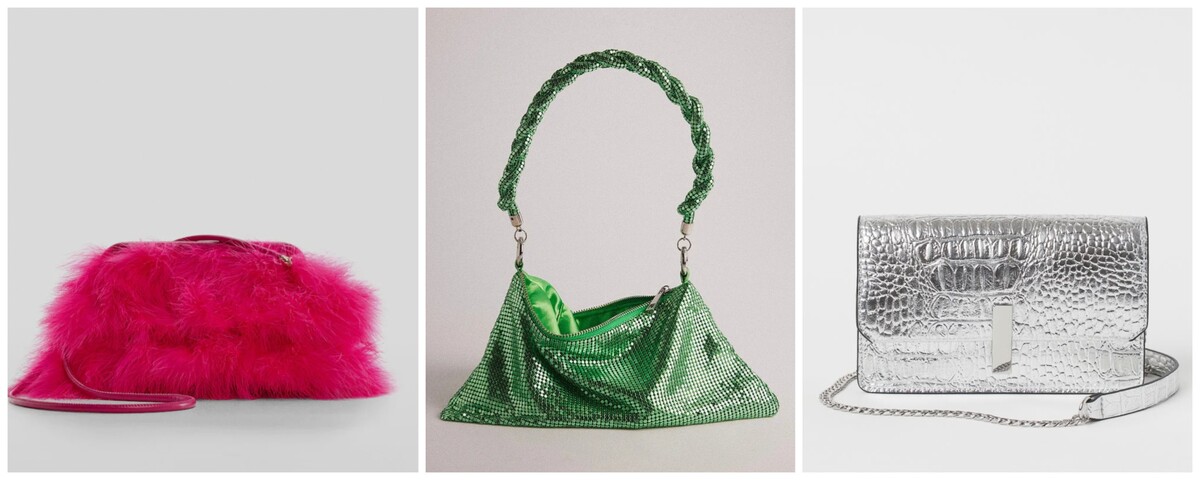 Strieborná kabelka od H&M za necelých 9 eur. Ružová pierková kabelka od značky Mango za 59,99 eura. Zelená flitrovaná kabelka od NA-KD za necelých 40 eur.