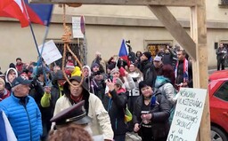 Demonstranti v Praze přinesli před Sněmovnu šibenici