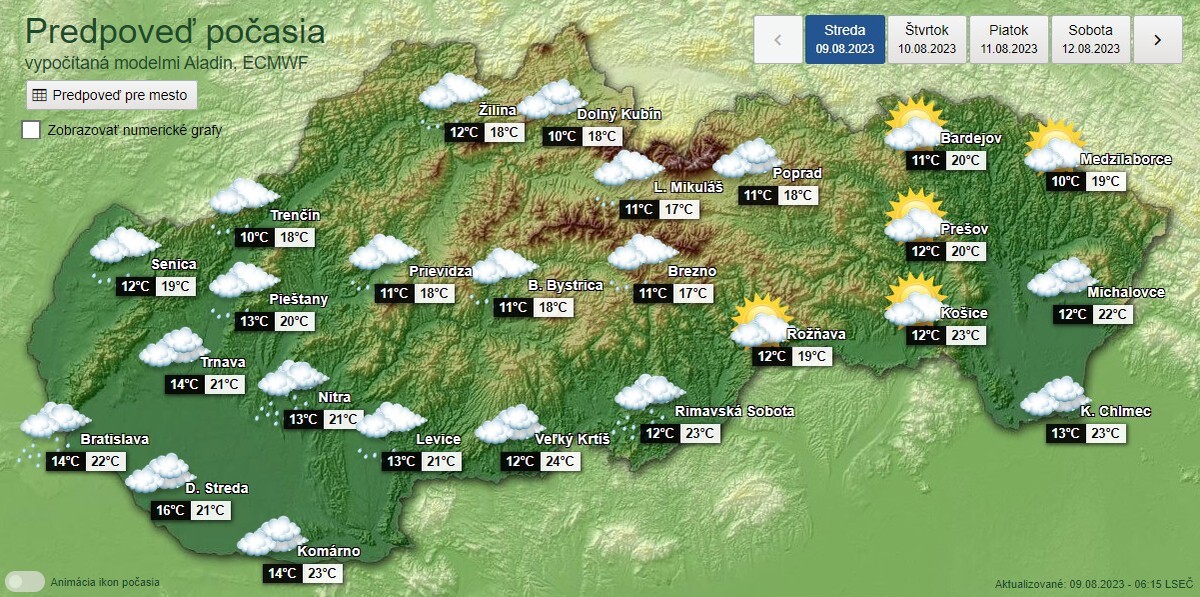 Predpoveď počasia na stredu 9. augusta 2023.