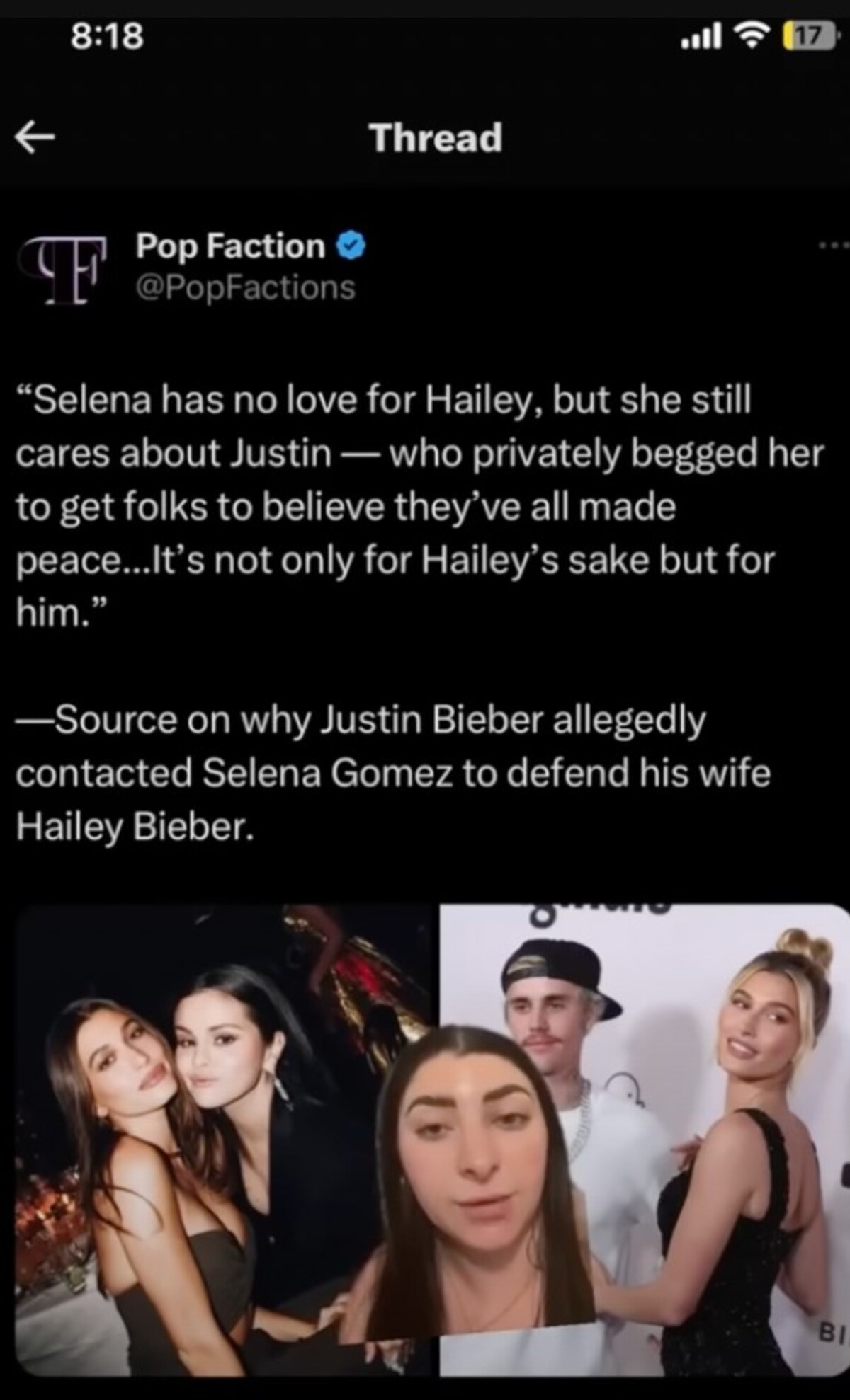 Selenu vraj nezaujímajú pocity Hailey, no stále ju trápi Justinovo blaho. Podľa klebiet na internete to bol práve Bieber, kto Selenu presvedčil, aby sa Hailey zastala.