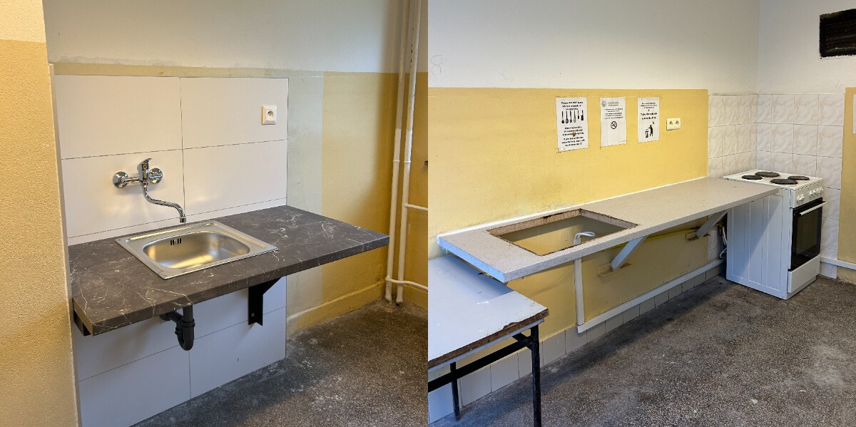 Na ľavej fotke môžeš vidieť novú kuchynskú linku s umývadlom, na fotke vpravo je pôvodný dizajn. 