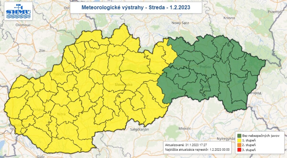 Mapa výstrah na stredu 1. februára.