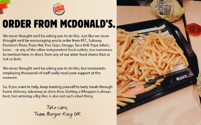 Burger King vyzýva svojich zákazníkov, aby si objednali burger z McDonald's.