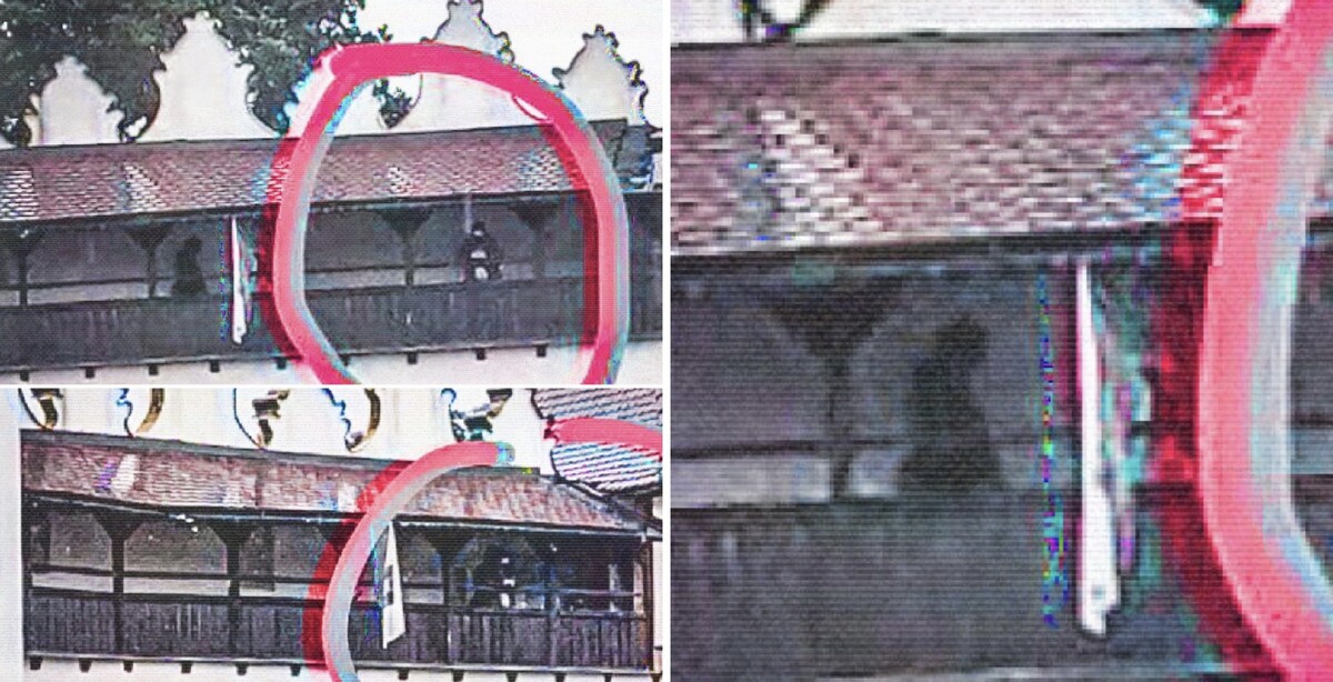 Fotografie vľavo boli odfotené v rovnakom čase, iba z rozdielnych uhlov. Evidentne na nich vidieť čiernu postavu. V červenom kruhu sa nachádza sprievodkyňa.