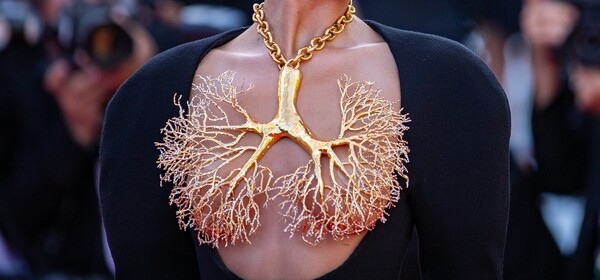 Která známá osobnost přišla na filmový festival v Cannes v tomto outfitu s výrazným šperkem přes prsa z dílen módního domu Schiaparelli?