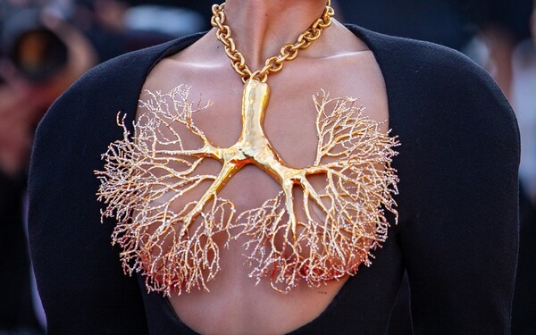 Ktorá známa osobnosť prišla na filmový festival v Cannes v tomto outfite s výrazným šperkom cez prsia z dielní módneho domu Schiaparelli? 