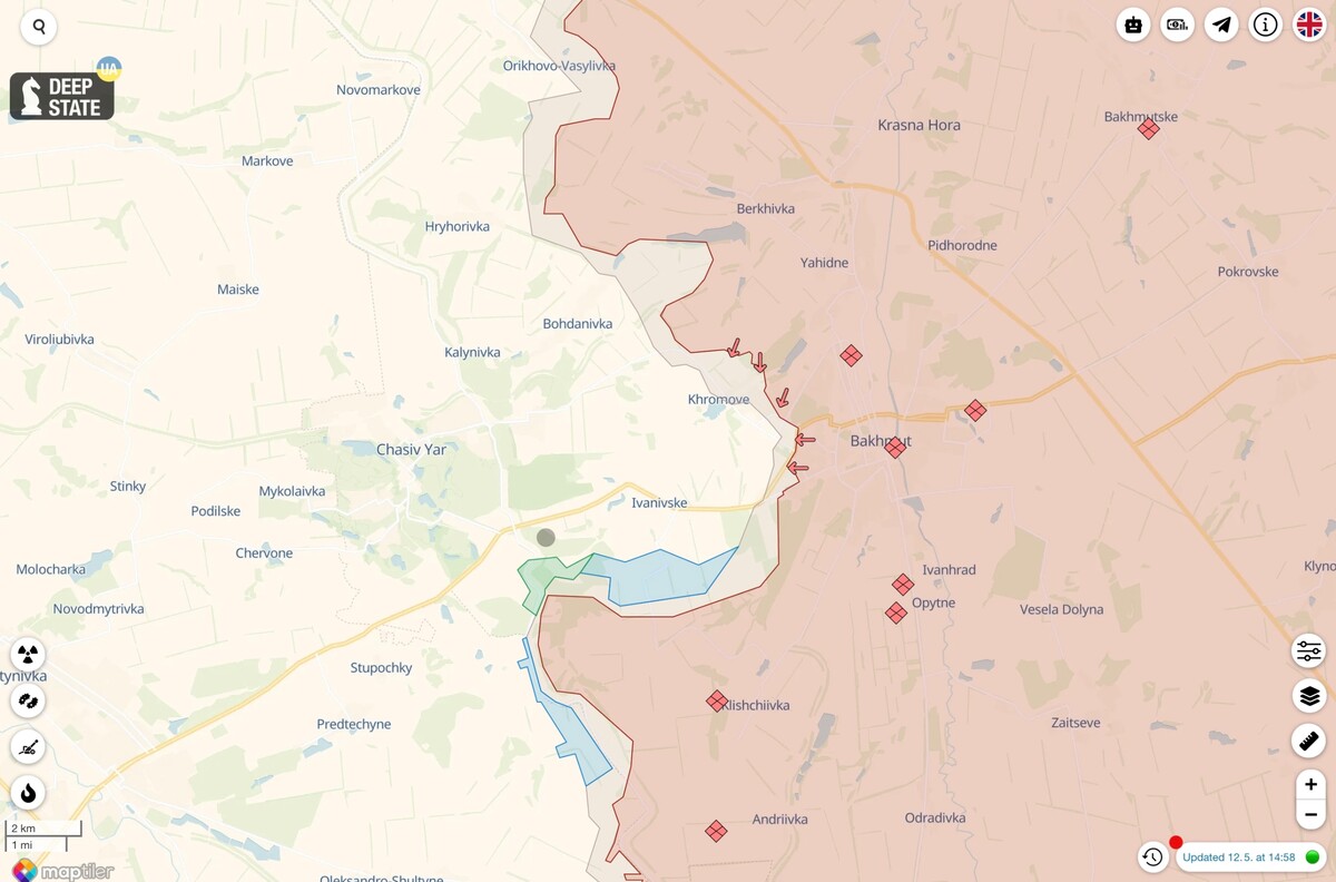 Južné územie frontu, ktoré ruskí vojaci opustili, je na mape vyznačené modrou a zelenou farbou. Celková plocha je s rozmerom približne 6 štvorcových kilometrov.