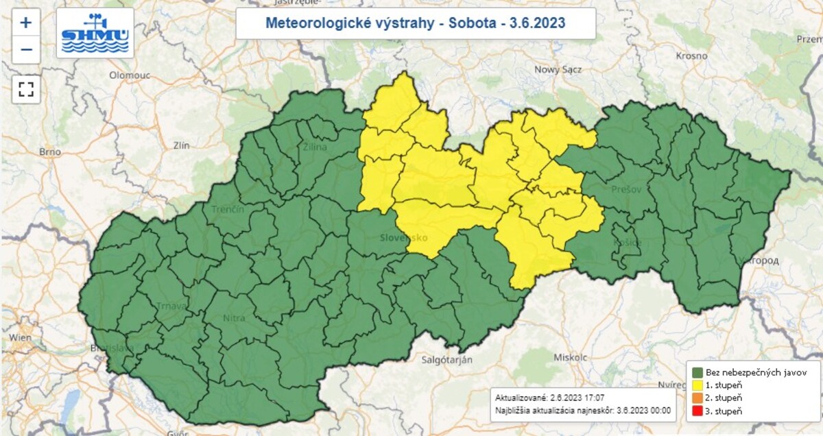 Mapa výstrah na sobotu 3. júna 2023.