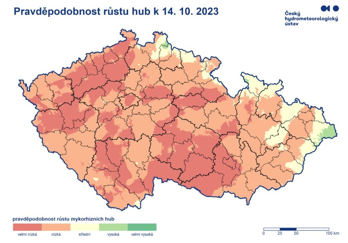 Mapa pravděpodobnosti výskytu hub k 14.10.