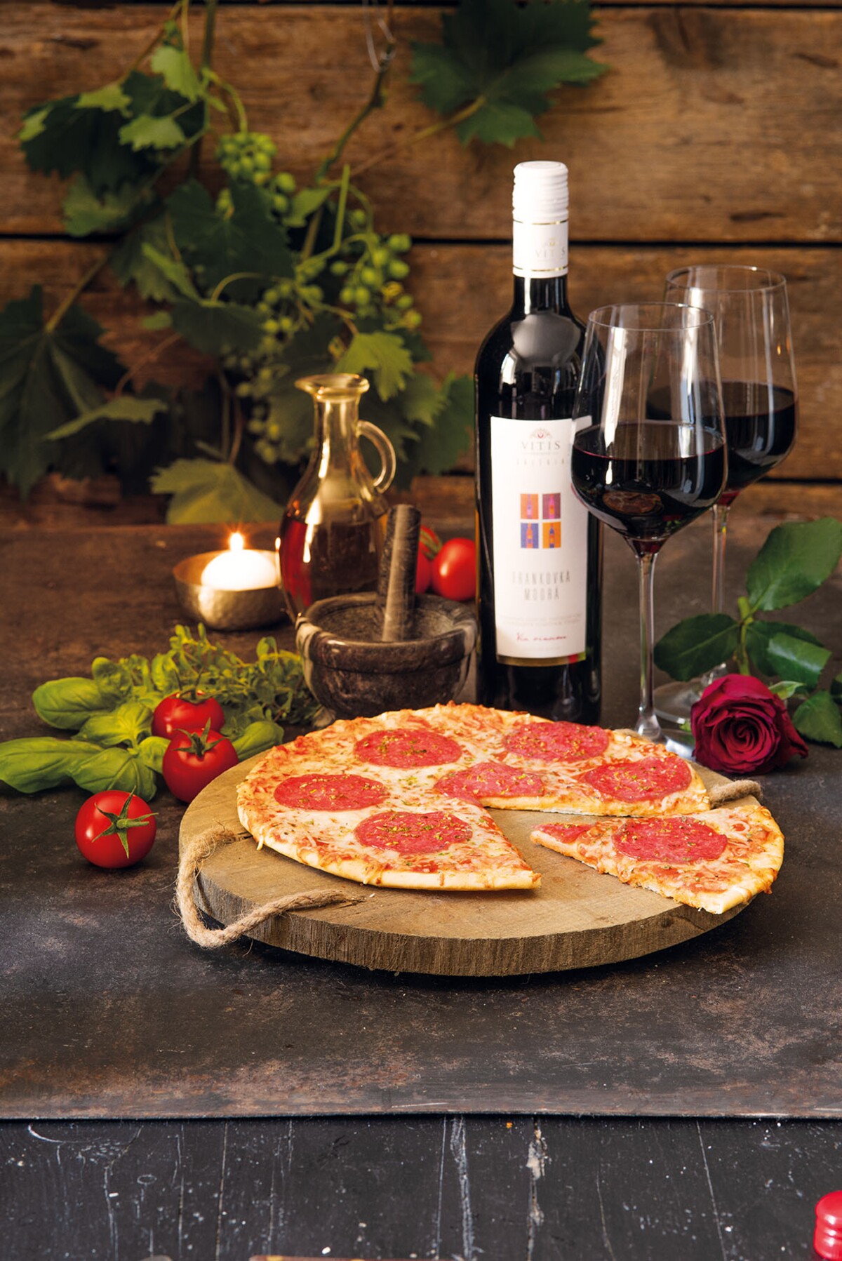 pizza, víno, dr.oetker, romantika