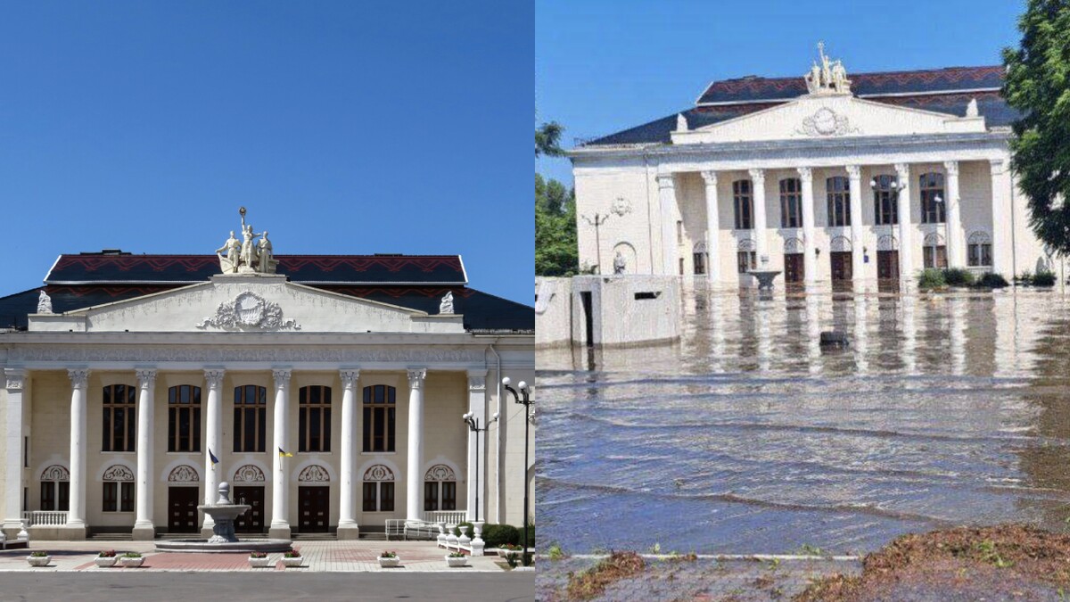 Divadlo ve městě Kachovka před a po útoku na vodní nádrž.