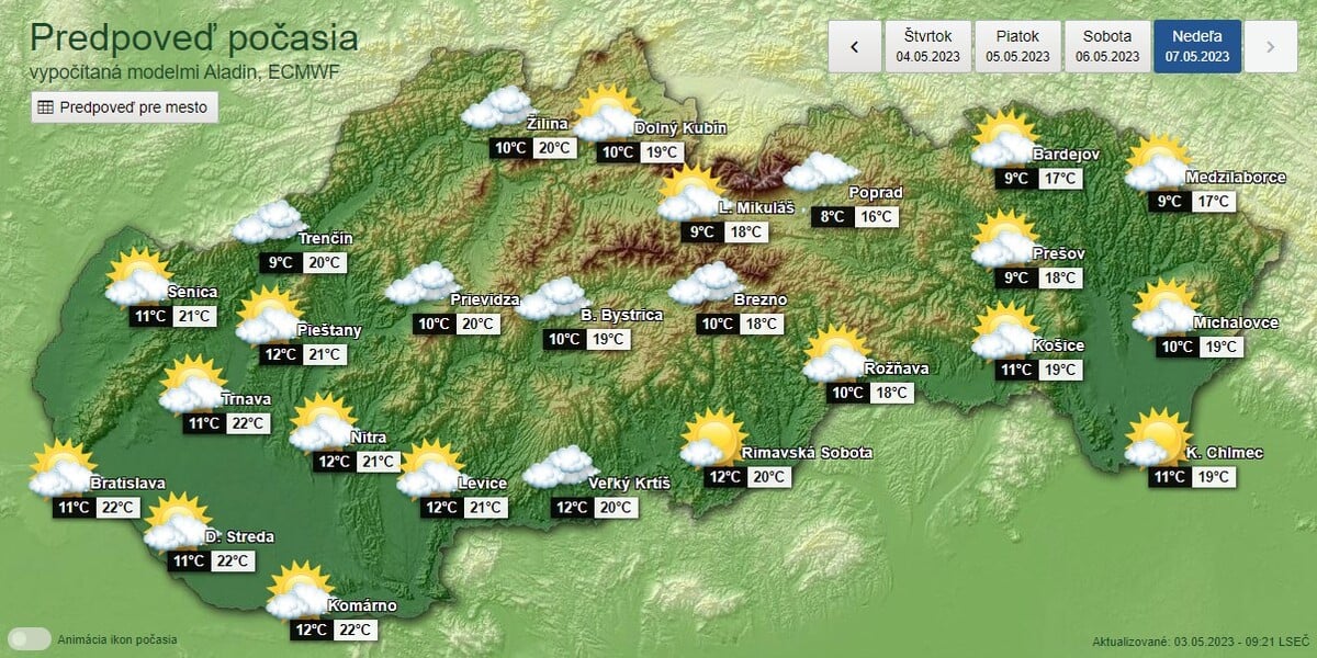 Grafická predpoveď počasia na nedeľu 7. mája 2023.