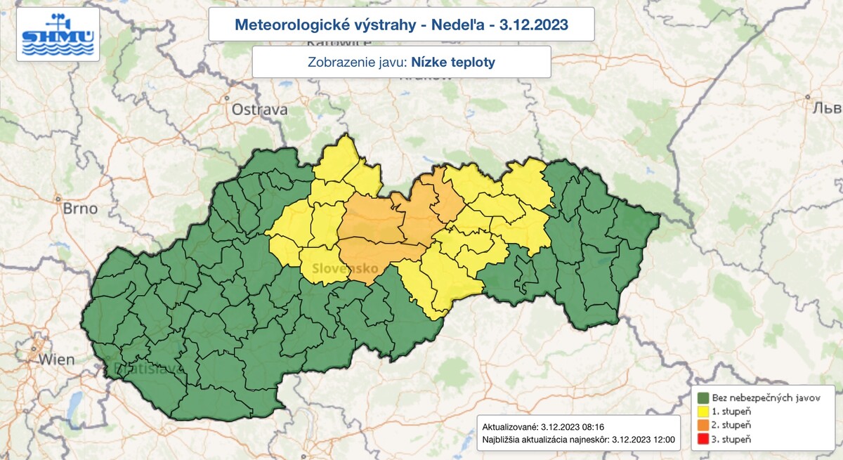 Meteorologické výstrahy: Nízke teploty v nedeľu 3. decembra