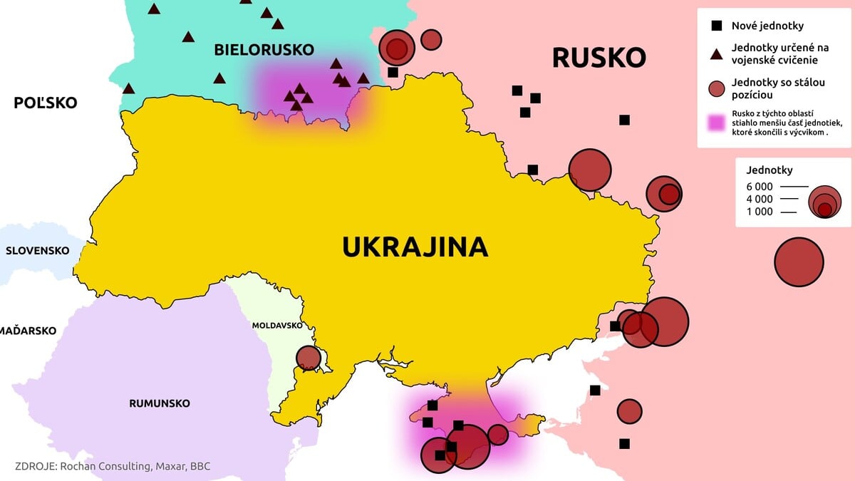 Mapa pozícií ruských vojenských jednotiek pri hraniciach s Ukrajinou.