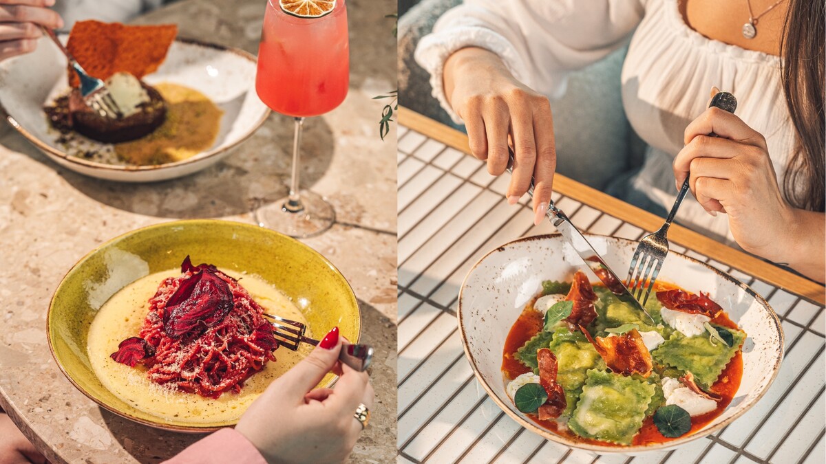 Spaghetti carbonara alla barbabietola (naľavo) a ravioli con prosciutto crudo e ricotta (napravo).