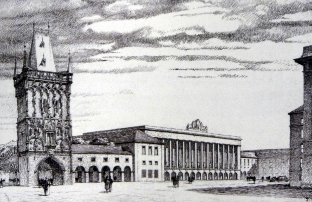 Návrh budovy koncertního sálu na místě Obecního domu, který stojí vedle Prašné brány na náměstí Republiky.