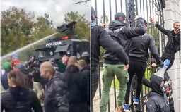 FOTO: Na demonstracích proti slovenskému premiérovi protestující zaútočili na policii. Ta použila vodní dělo