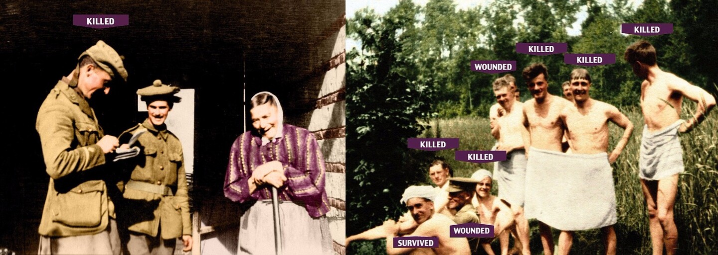 Fotografie usmívajících se vojáků pár dní před brutální bitvou na Sommě. Netušili, že se domů už nikdy nevrátí