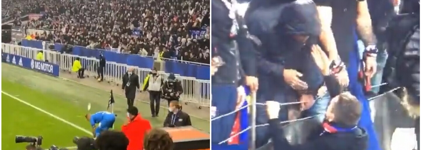 Futbalový fanúšik hodil do hlavy súperovho hráča fľašu s vodou. Šéf ultras mu po ukončenom zápase strelil facku (Video)