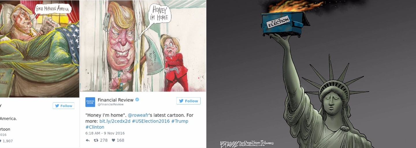 Ilustrácie o novom americkom prezidentovi Trumpovi sa bavia na jeho účet, ale vnímajú ho depresívne