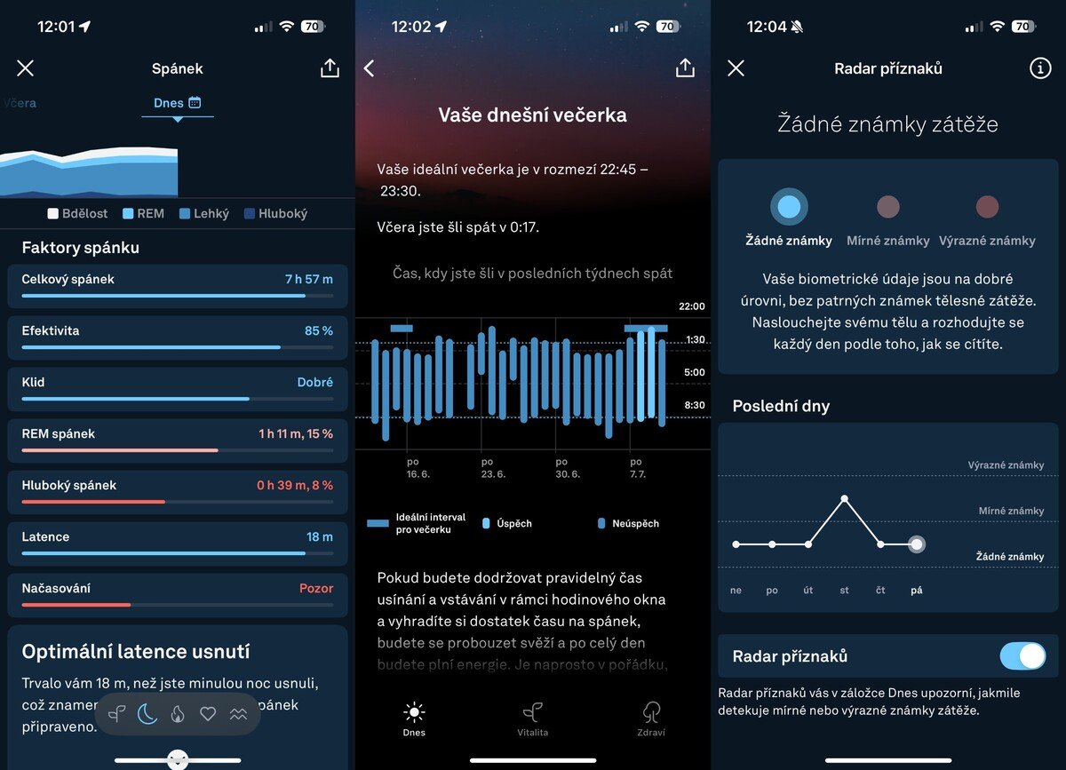 Screenshot oficiální aplikace prstenu Oura Ring