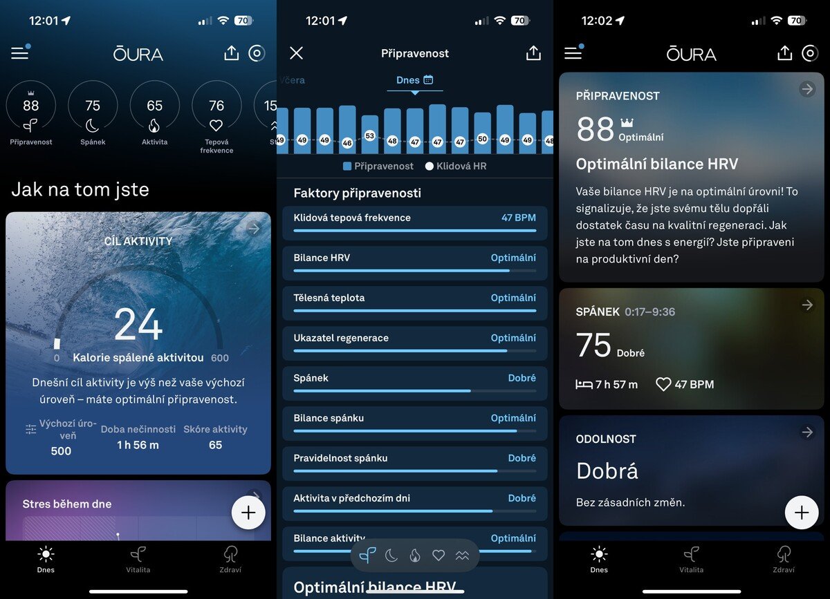 Screenshot oficiální aplikace prstenu Oura Ring