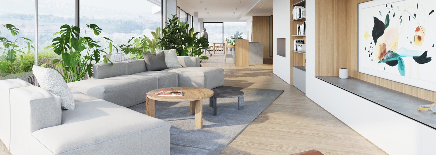 Modernou dýchajúci penthouse s nekonečným výhľadom na dominanty Prahy a kalifornskou atmosférou