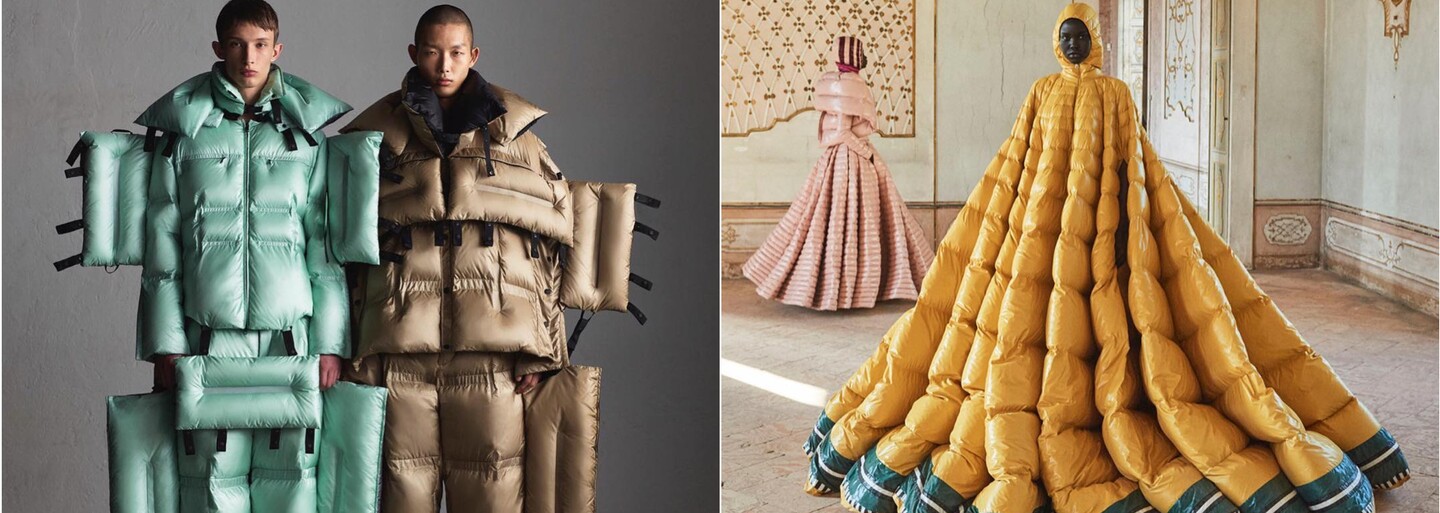 Moncler opět pokračuje v péřovém šílenství. Představuje bizarní šaty, robotické kostýmy či oblečení pro psy