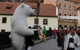 Obří medvědí maskot se přesunul z Prahy do Českého Krumlova. Za fotky si bere peníze