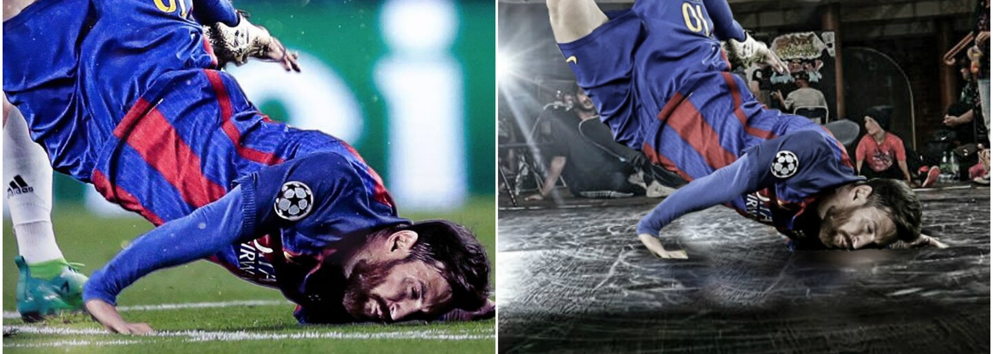 Po trpkém vypadnutí Barcelony z Ligy mistrů si lidé vtipnými fotomontážemi nelítostně podali i Messiho pád na hlavu