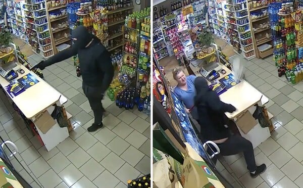 Polská prodavačka odehnala lupiče se zbraní. Video zachycuje, jak ho udeřila mokrým mopem