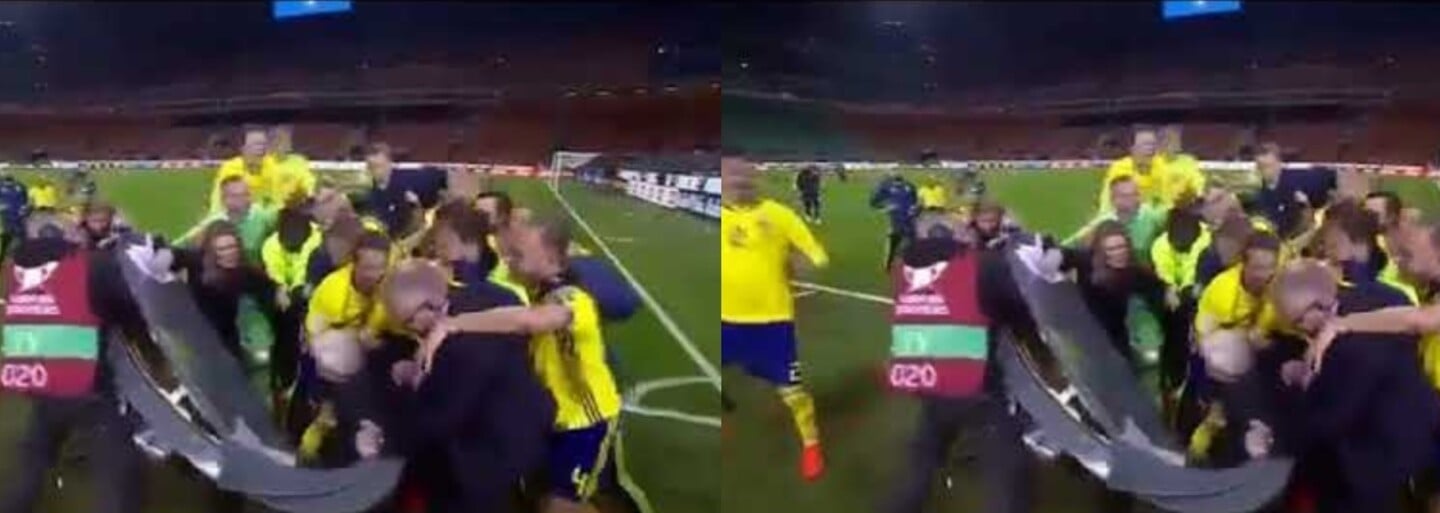 Švédi v radosti z postupu rozmlátili komentátorský pult a zvalili reportérov. Nefalšovaná futbalová radosť baví celý svet