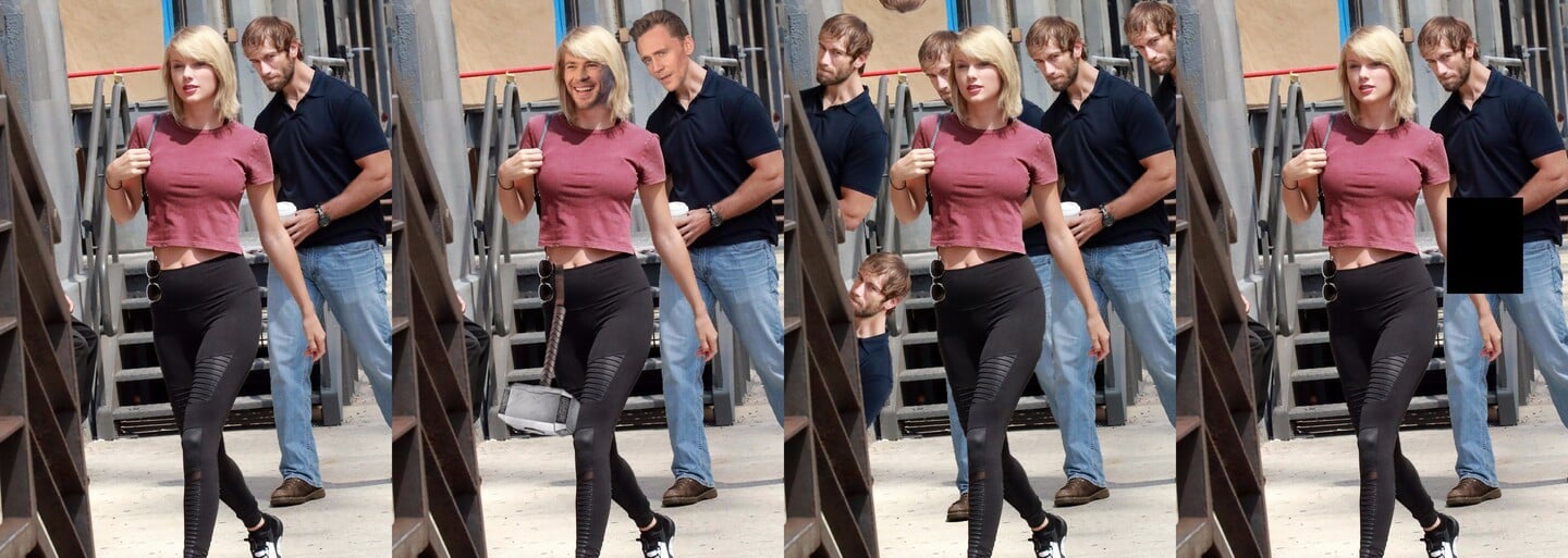 Taylor Swift a jej nenápadný obdivovateľ dostali terapiu Photoshopom po tom, čo si vtipnú momentku všimli ľudia na internete