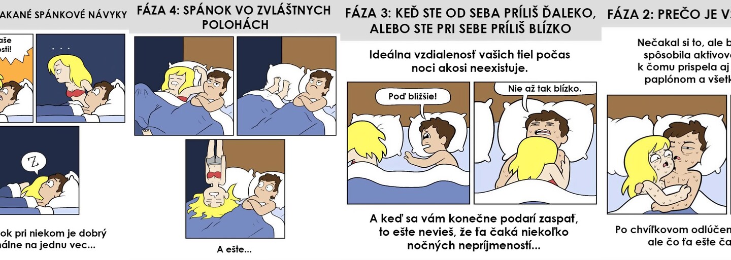 Vtipné fázy toho, ako sa snažíš zaspať so svojím partnerom. Ilustrácie ti ukážu, že to väčšinou nejde podľa predstáv
