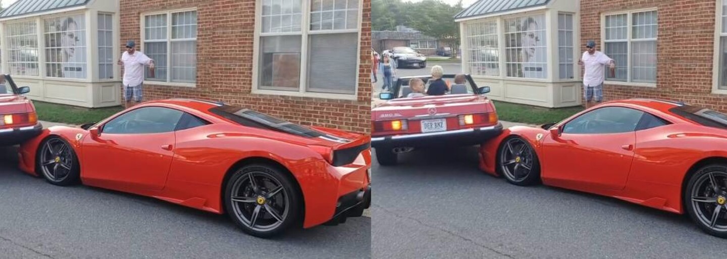 Žena svoj Mercedes zaparkovala rovno na prednú časť vzácneho Ferrari. Jeho majiteľ nemohol uveriť vlastným očiam