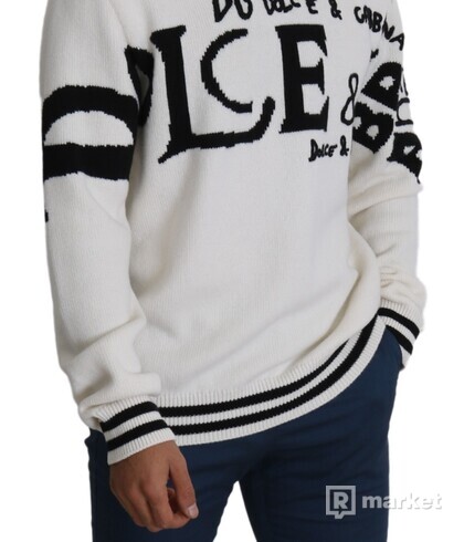 DOLCE & GABBANA  White Logo Intarsia Knitted Pullover Sweater