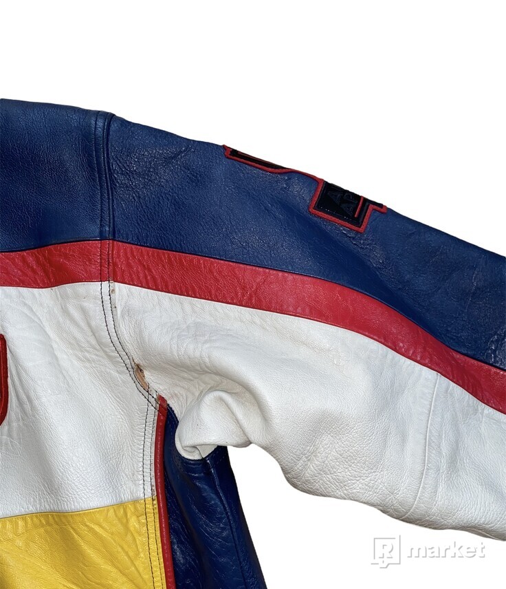 fubu racing leather jacket nascar kožená bunda žltá červená modrá biela size men medium