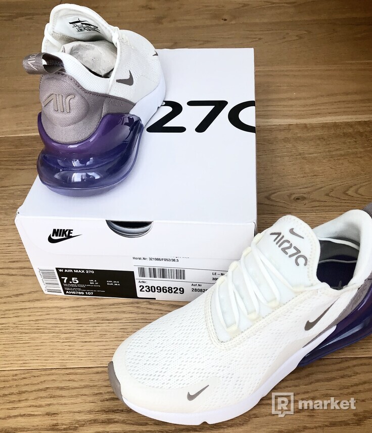 Nike Air Max 270 - Women; color: Sail-Pumice-Space Purple; US 7.5 - UK 5 - EUR 38.5 - CM 24.5