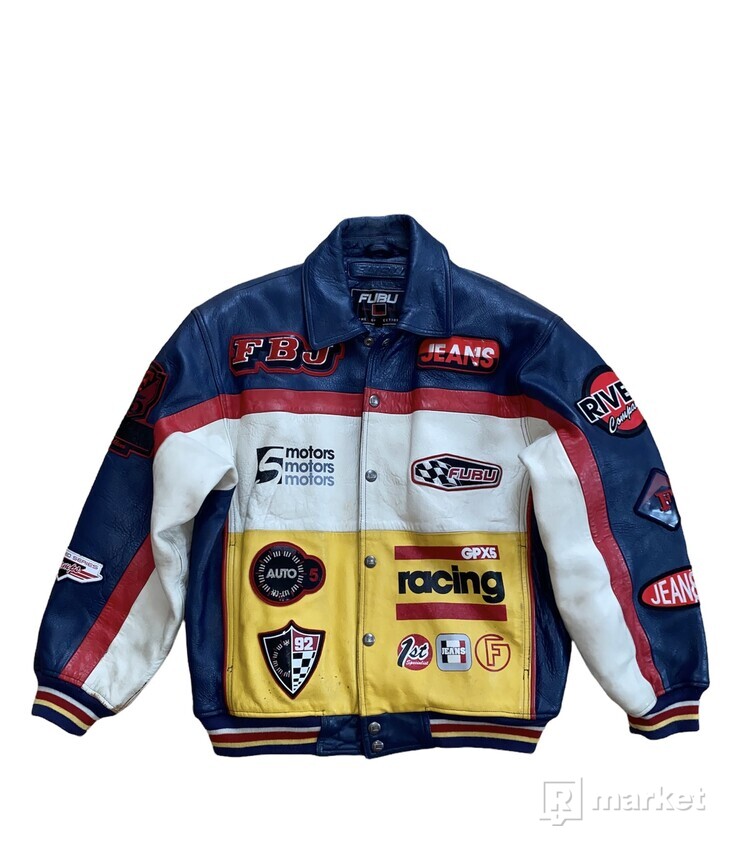 fubu racing leather jacket nascar kožená bunda žltá červená modrá biela size men medium
