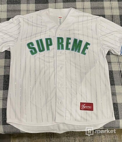 Supreme Rhinestone Stripe Baseball Jersey White
